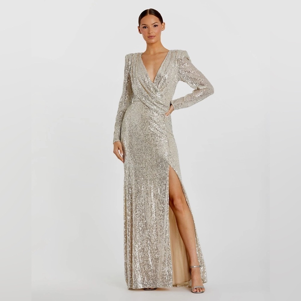 Mac Duggal Silver Sequined Long Sleeve Faux Wrap Ruched Gown